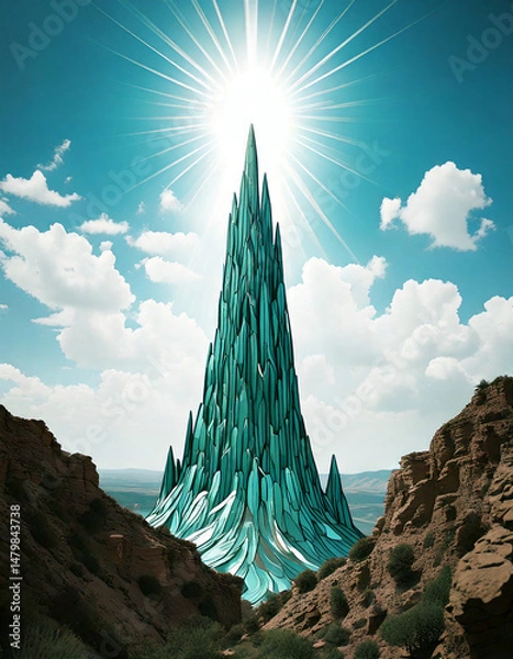 Obraz futuristic city, vertical architecture, mountain valley, glowing tower, dramatic landscape, science fiction, isolated structure, surreal environment, towering spire, advanced civilization, wilderness,