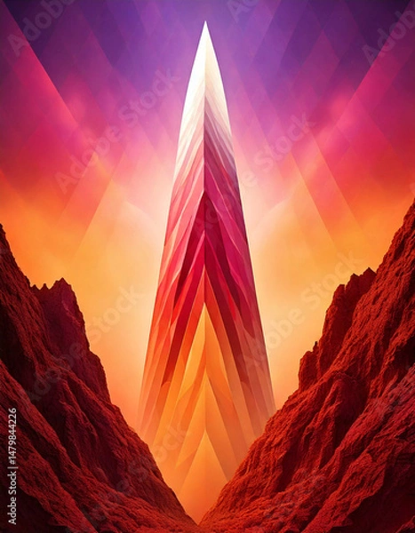 Obraz futuristic city, vertical architecture, mountain valley, glowing tower, dramatic landscape, science fiction, isolated structure, surreal environment, towering spire, advanced civilization, wilderness,