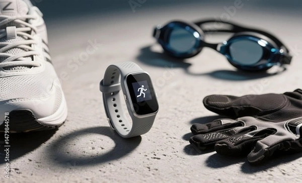 Obraz Multi-Sport Fitness Tracking Essentials with White Tracker, Running Shoe, Blue Swimming Goggles and Cycling Gloves