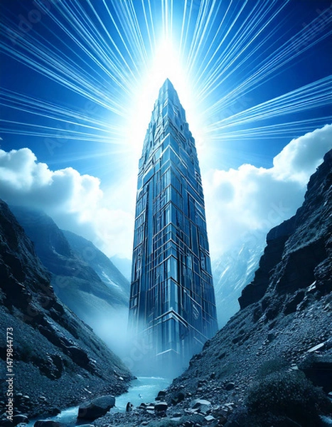 Obraz futuristic city, vertical architecture, mountain valley, glowing tower, dramatic landscape, science fiction, isolated structure, surreal environment, towering spire, advanced civilization, wilderness,
