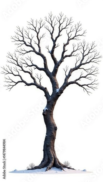 Fototapeta Tree with gnarled branches against white backdrop, bare tree, tree isolation, winter tree