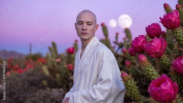 Obraz A man in a white robe sits in a field of pink flowers