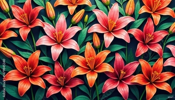 Fototapeta Vibrant hand-painted lilies, dense, colorful repeating design, textile, illustration