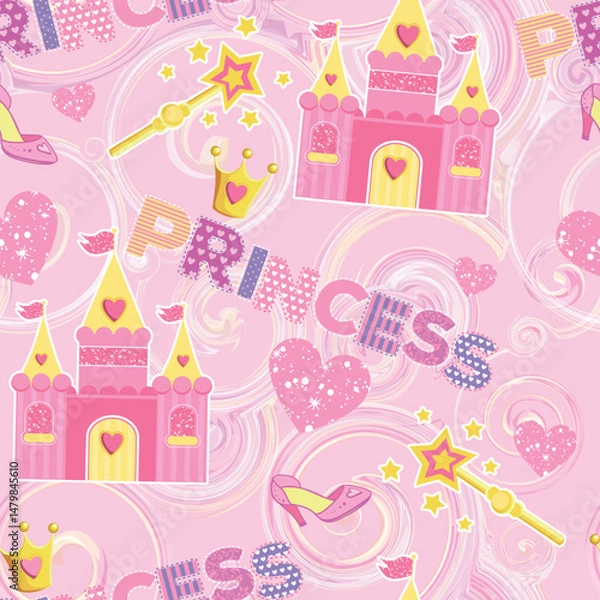 Fototapeta Princess Seamless Pattern for textile  with castle, crown, butterfly, stars, diamond. Abstract seamless pattern for girls.