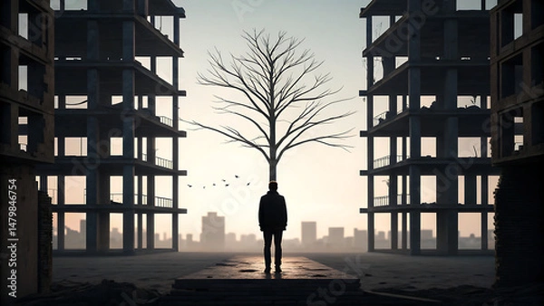 Obraz Post Apocalyptic Concept, Man Standing Between Ruined Buildings Facing a Lone Tree in a Desolate Urban Landscape at Sunrise
