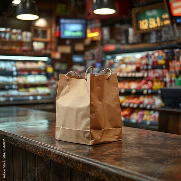 Fototapeta Two brown paper bags on wooden counter in a grocery store  