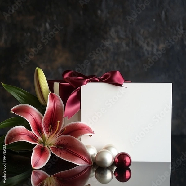 Fototapeta Decorative gift box with pink lily and ornaments on dark background  