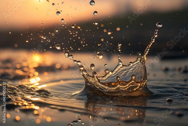 Obraz Crown-shaped water splash captured at sunset with golden reflections and detailed droplets in motion