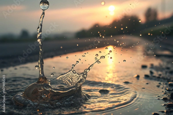 Obraz High-speed photo of water splash in a puddle on asphalt at sunset with golden light and shallow depth of field
