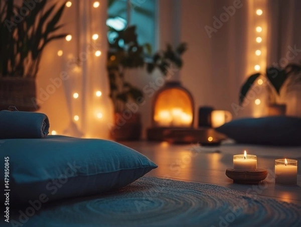 Obraz Person meditating surrounded by soft pillows, candles, and calming ambient lighting