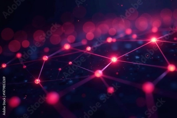 Fototapeta Abstract glowing network nodes and connections on dark background Futuristic technology concept , machine learning, clean, futuristic