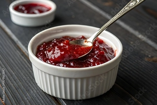 Obraz Hyperrealistic Red Berry Jam in White Ramekin with Spoon on Wooden Surface