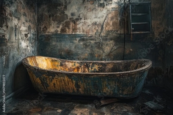 Fototapeta Decaying bathtub in a derelict, ruined room.  Peeling paint, charred walls, and a faded tub highlight the ravages of time