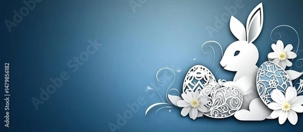 Fototapeta White Easter bunny with eggs and flowers on a blue background