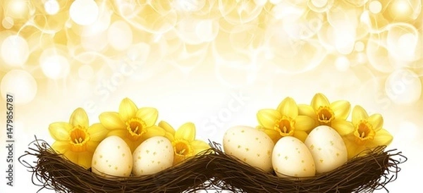 Fototapeta Springtime nest with eggs and daffodils