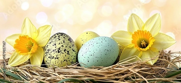 Fototapeta Easter eggs and daffodils in a nest