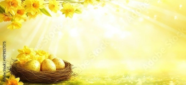 Fototapeta Springtime Easter nest with golden eggs,  bright yellow daffodils, and soft sunlight