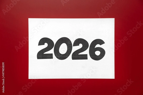 Fototapeta A large white print displaying the number 2026 stands out against a vibrant red background, symbolizing upcoming year and future aspirations, focusing attention on new beginnings