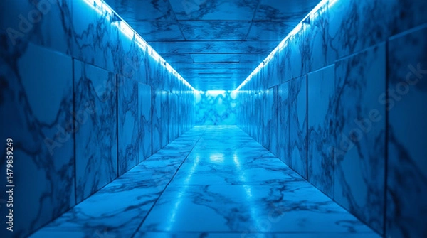Obraz Close-Up of a Futuristic Hallway with Blue Neon Lighting – Microphotography of Reflective Surfaces and Abstract Wall Designs