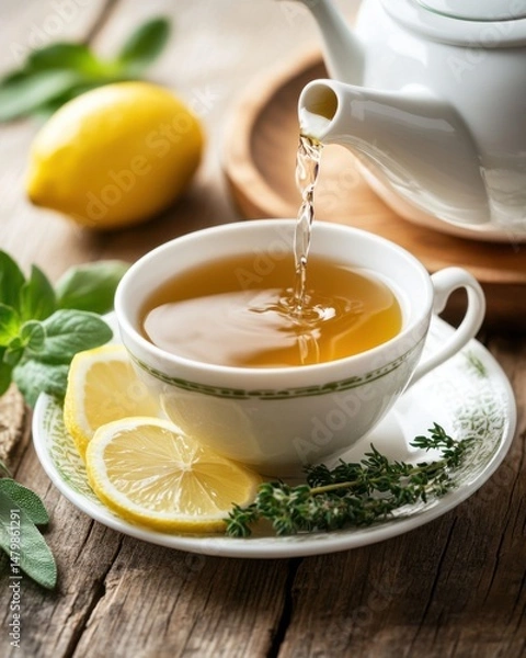 Fototapeta Herbal tea being poured into a cup with lemon and thyme on a rustic wooden table top view close up