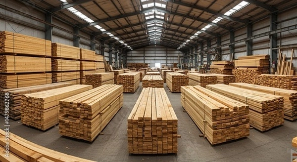 Fototapeta Stacks of processed timber awaiting distribution in a spacious warehouse