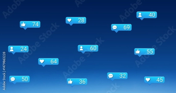 Fototapeta Multiple speech bubble with digital icons and increasing numbers against blue background