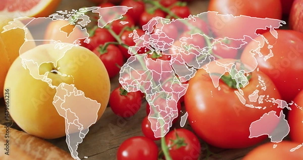 Fototapeta Image of world map over fruits and vegetables