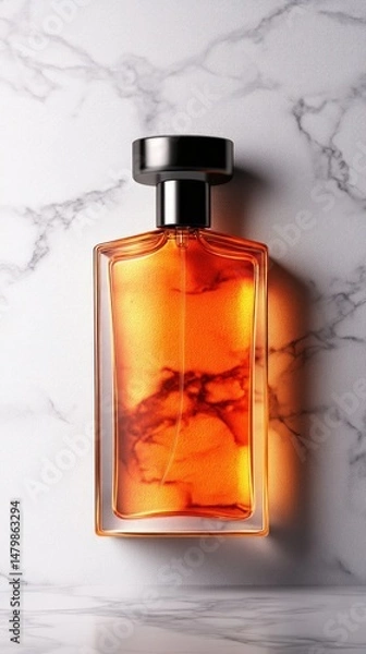 Fototapeta Amber perfume bottle on marble