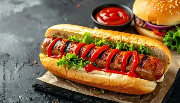 Obraz hotdog with juicy grilled sausage and simple garnish set up with tomato sauce