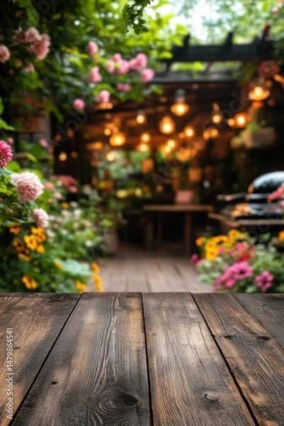 Fototapeta Rustic wooden table in a dreamy garden setting with blurred flowers and string lights background