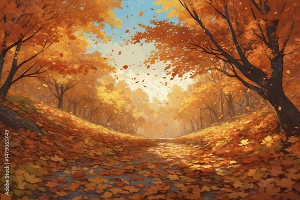 Obraz Diagonal view of scattered autumn leaves with warm tones and a gentle breeze sweeping across the scene