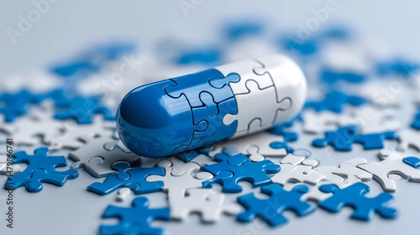 Obraz Medical concept. On a blue and white background, pills, capsules and puzzles 