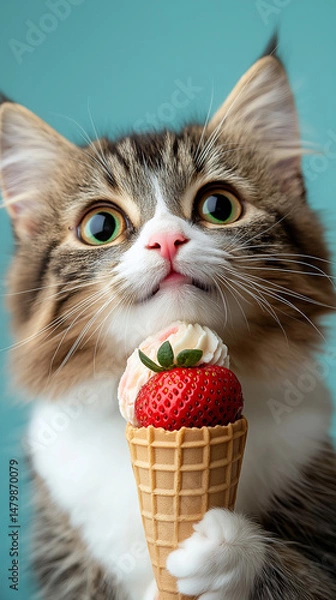 Obraz AI generator image of Cat eating ice cream, hot weather concept, cat cooling snacks and pets