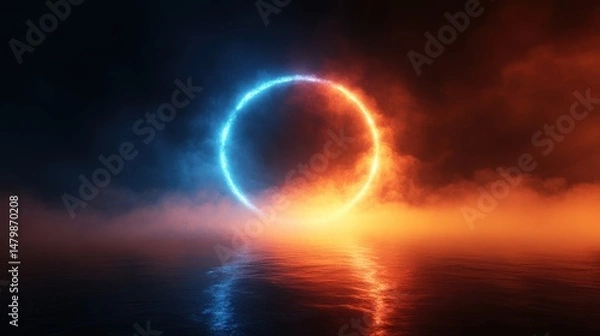 Fototapeta A neon circle glows on water amidst smoke and orange atmosphere. Perfect for fantasy, science fiction or magical realism projects.