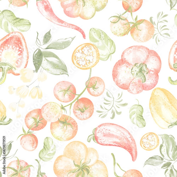 Fototapeta Hand drawn watercolor pattern with tomatoes, chili peppers, basil, and herbs. Seamless and tileable design for kitchen, textile, and food projects. Suitable for print and digital use.