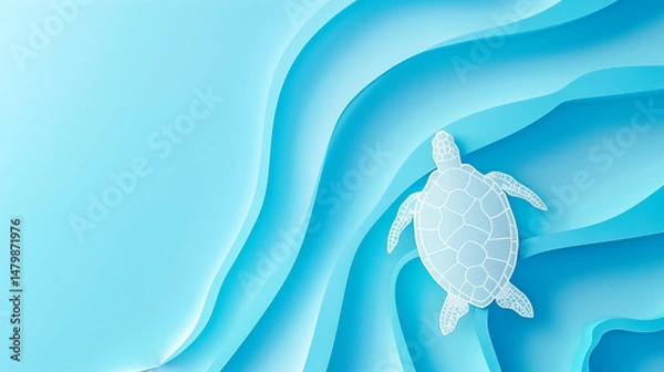 Obraz Turtle and sea for world oceans day. Save the oceans papercut on blue sea water background. Environment care and nature protection concept.