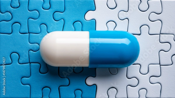 Obraz Medical concept. On a blue and white background, pills, capsules and puzzles 