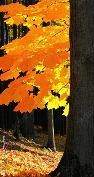 Fototapeta Vibrant fall foliage against a dark forest backdrop.  Bright orange-yellow leaves on a tree branch, contrasted by the dark trunks of surrounding trees. Autumnal scene with fallen leaves on the ground