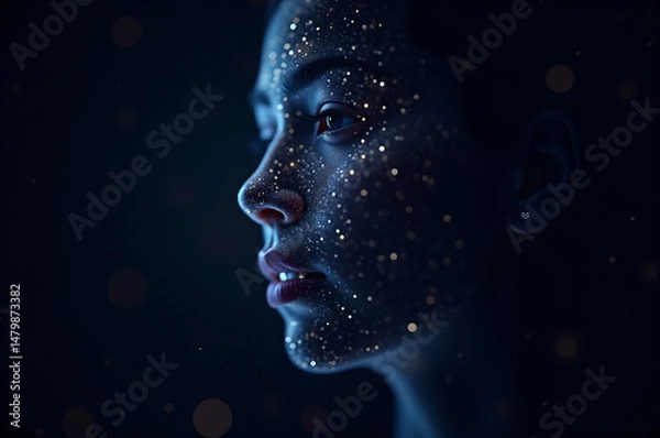 Fototapeta Holographic woman technological head portrait Futuristic face female humanoid robot.A Technological Future. information space. Copying space.generative ai