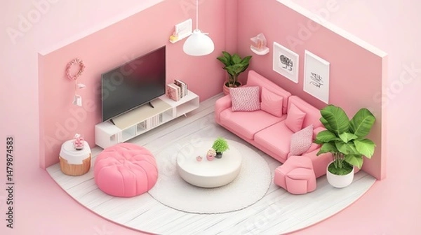 Fototapeta Isometric view round pink living room cozy style open inside interior architecture 3d rendering
