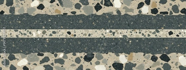 Fototapeta Textured concrete floor with dark gray and light beige/cream colored chips and a light gray/white horizontal stripe