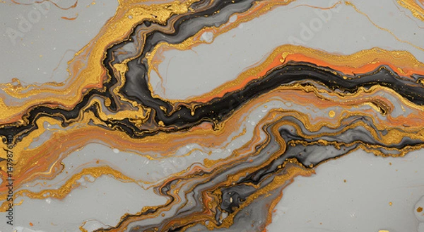 Fototapeta Abstract fluid art painting background with gold black orange and gray texture marble effect design 100char