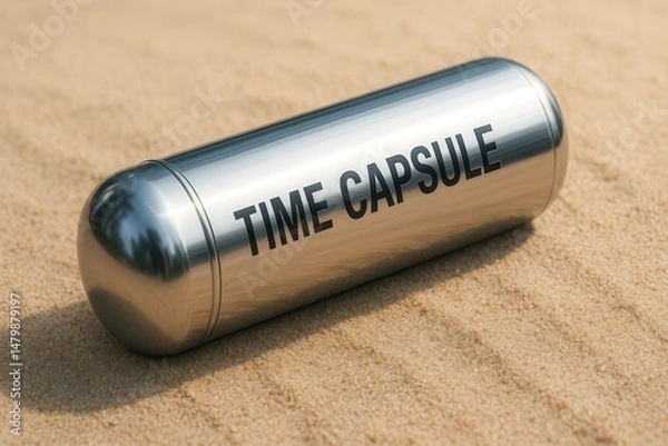 Fototapeta Metal time capsule laying on sand. Symbolic object used to preserve memories, cultural items, or messages for future generations. Concept of legacy and time travel