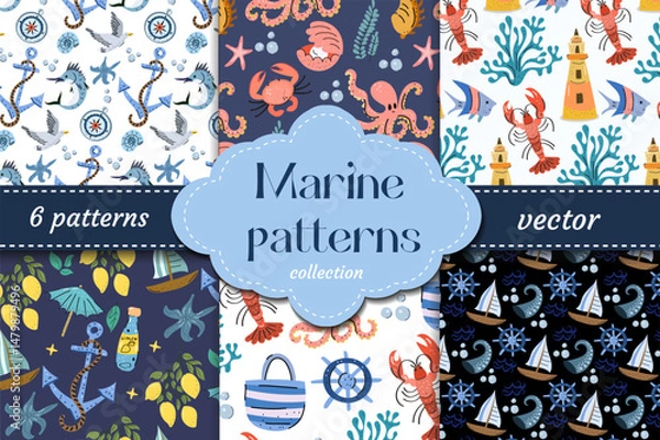 Fototapeta Playful marine pattern collection with anchors, fish, seagulls and sea creatures in blue and coral tones. Ideal for kids textiles and summer products.