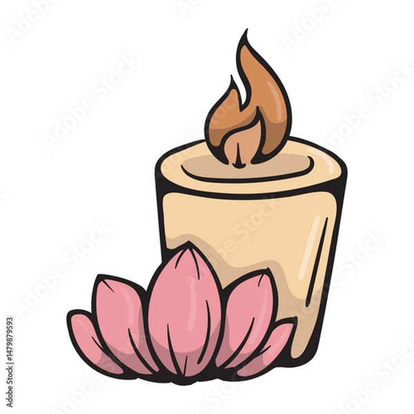 Fototapeta Candle and lotus flower. Vector illustration of SPA procedures and oriental medicine. Color print isolated on white background for icon, sticker, design