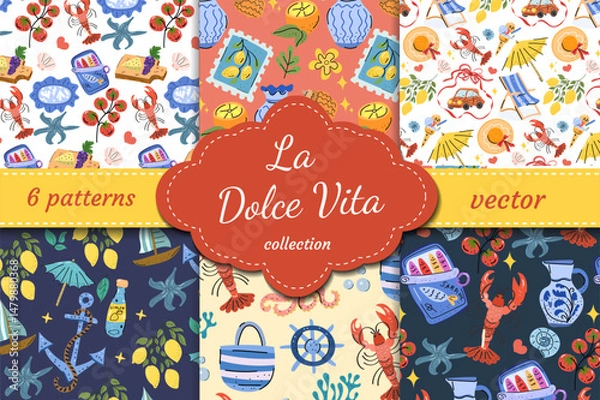 Fototapeta La Dolce Vita themed vector patterns set with sun, lemon, pasta, tomatoes and seafood. A celebration of Italian lifestyle and joyful summer.