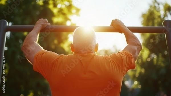 Obraz Fitness enthusiast performs pull-ups at outdoor park during sunset for strength training and wellness