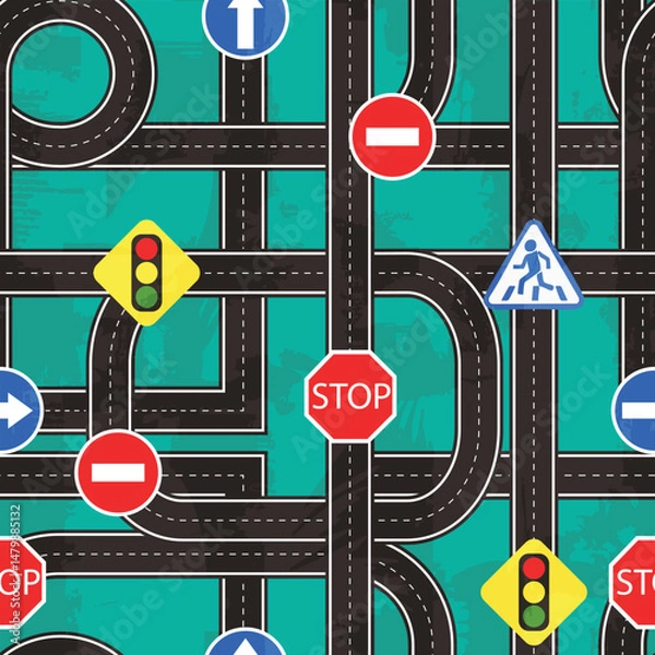 Fototapeta Seamless children's pattern with elements of the road and road signs.