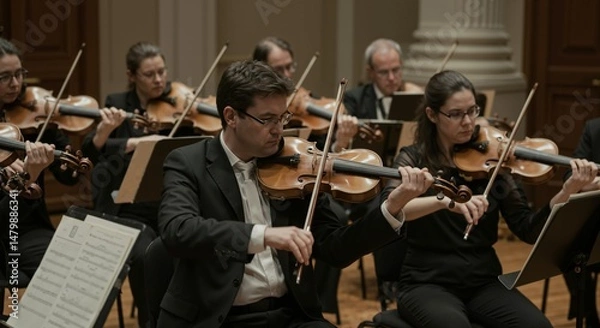 Fototapeta Orchestra Performance Featuring Violinists in Formal Attire Playing Classical Music in an Elegant Concert Hall Environment
