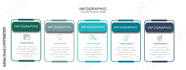 Fototapeta 5 Steps Infographics Design Template - Graph, Pie chart, workflow layout, squire diagram, brochure, report, presentation, web design Editable Vector	